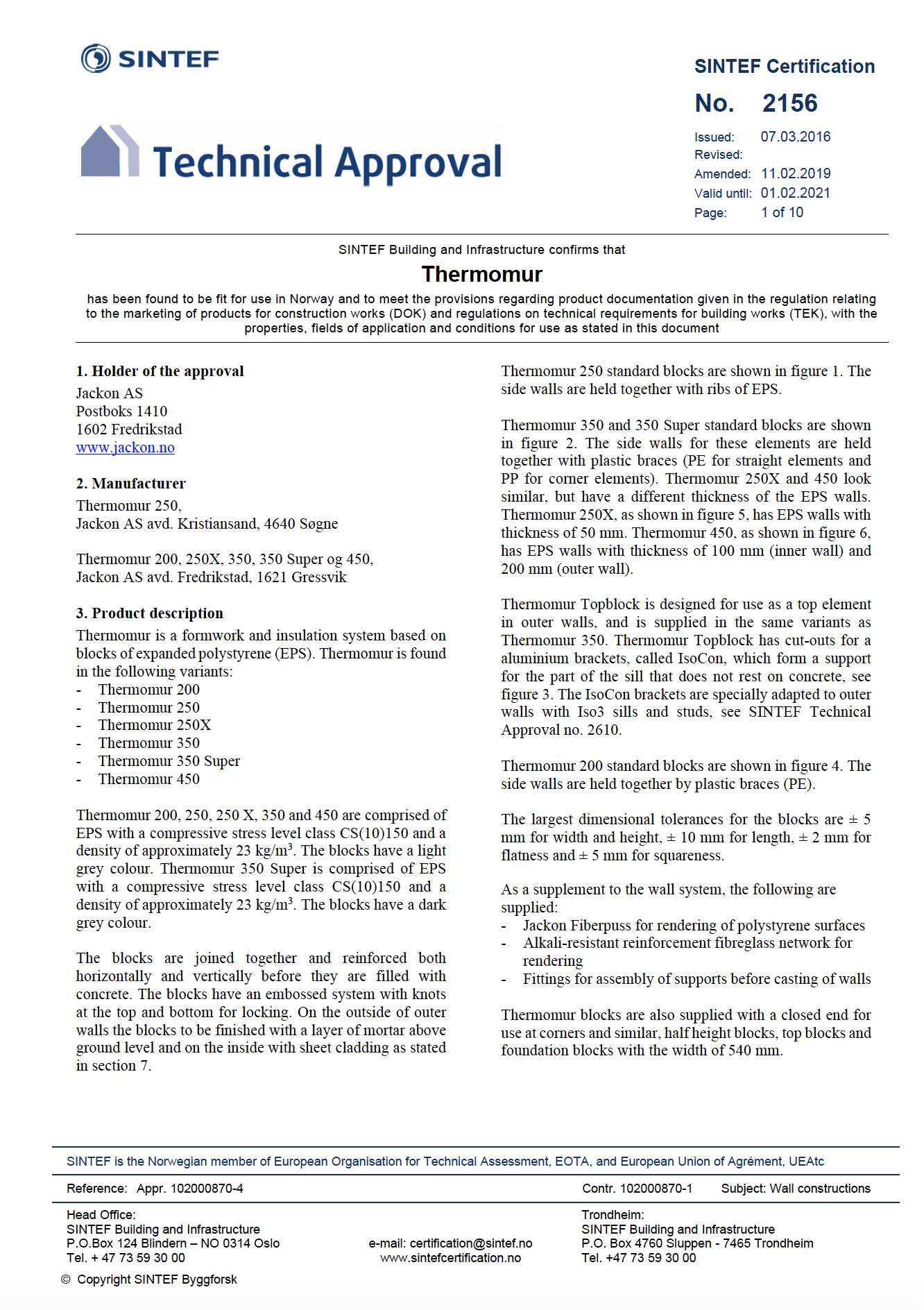 Sintef 2156 certificate – Thermomur ICF