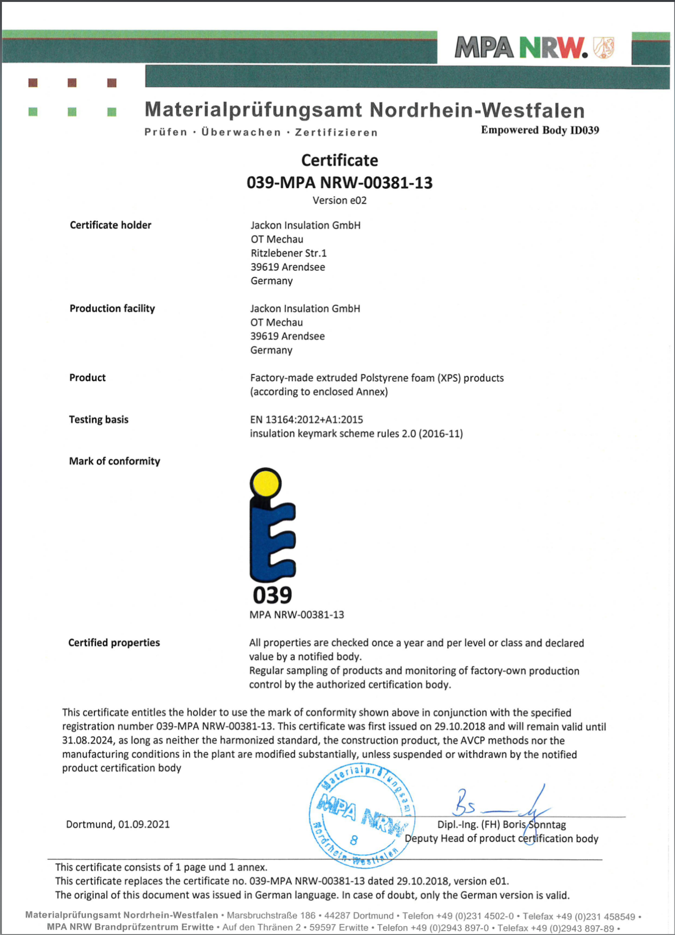 KEYMARK – independent verification – MECHAU factory – FT grades