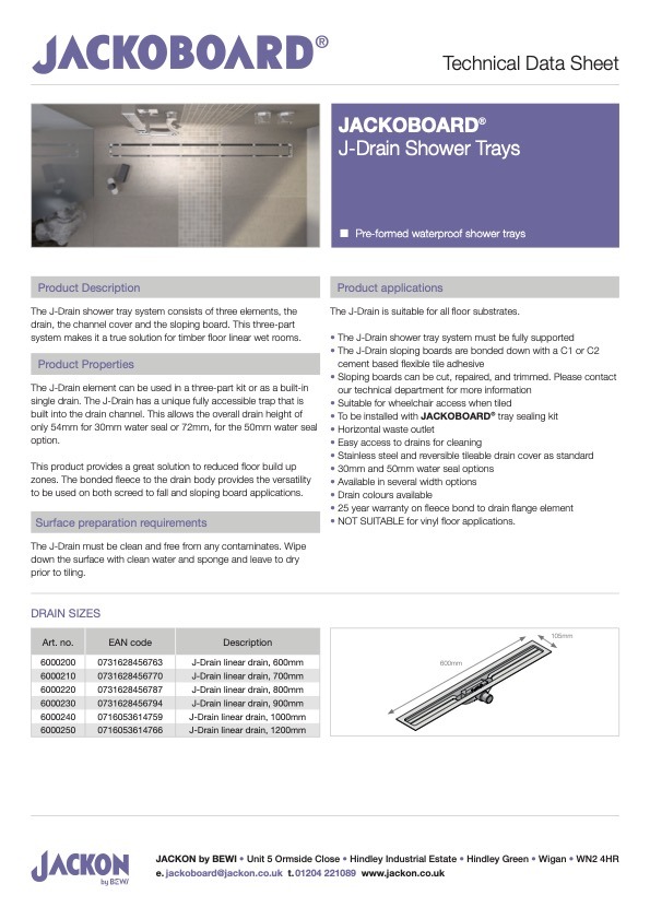 JACKOBOARD J-Drain Shower Trays